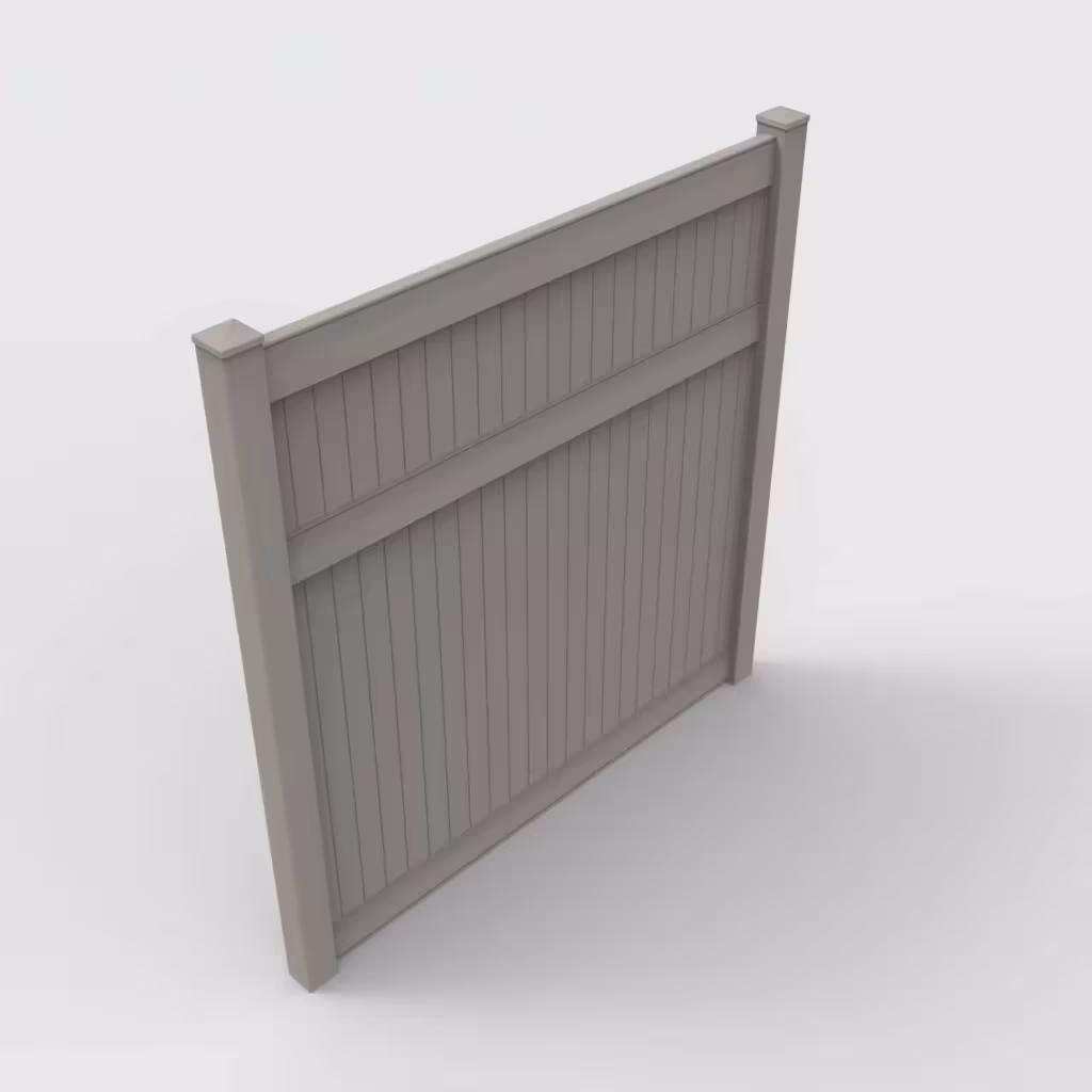Gray vertical privacy 8 ft fence, isometric view