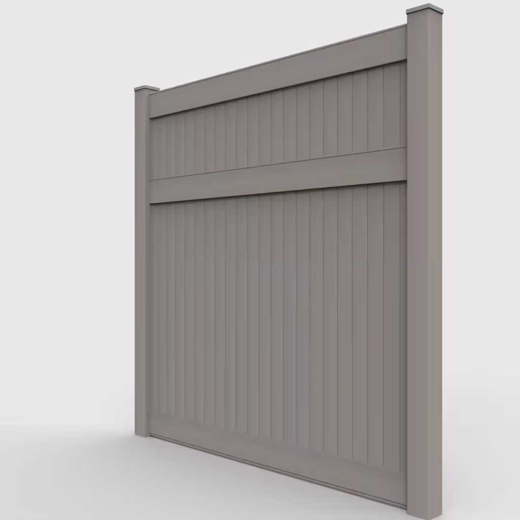 Gray vertical privacy 8 ft fence, left-side view