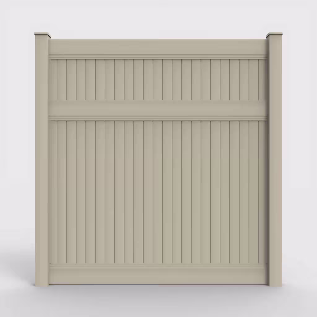 Tan vertical privacy 8 ft fence, front view