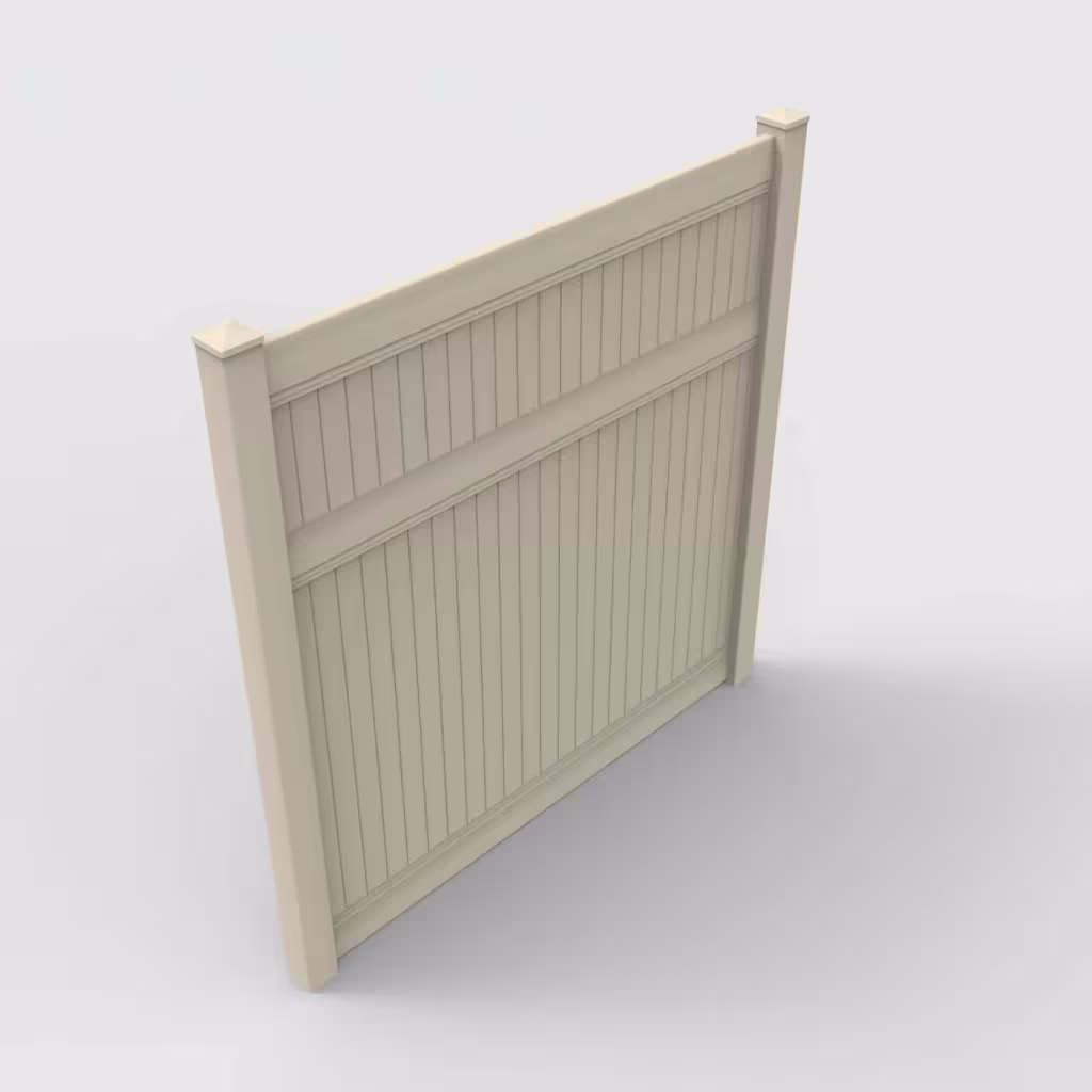 Tan vertical privacy 8 ft fence, isometric view
