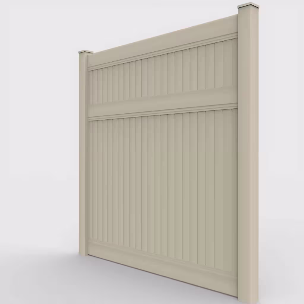 Tan vertical privacy 8 ft fence, left-side view