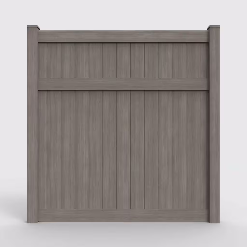 Weathered blend vertical privacy 8 ft fence, front view