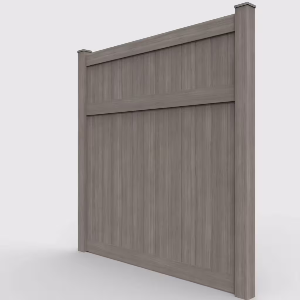 Weathered blend vertical privacy 8 ft fence, left-side view