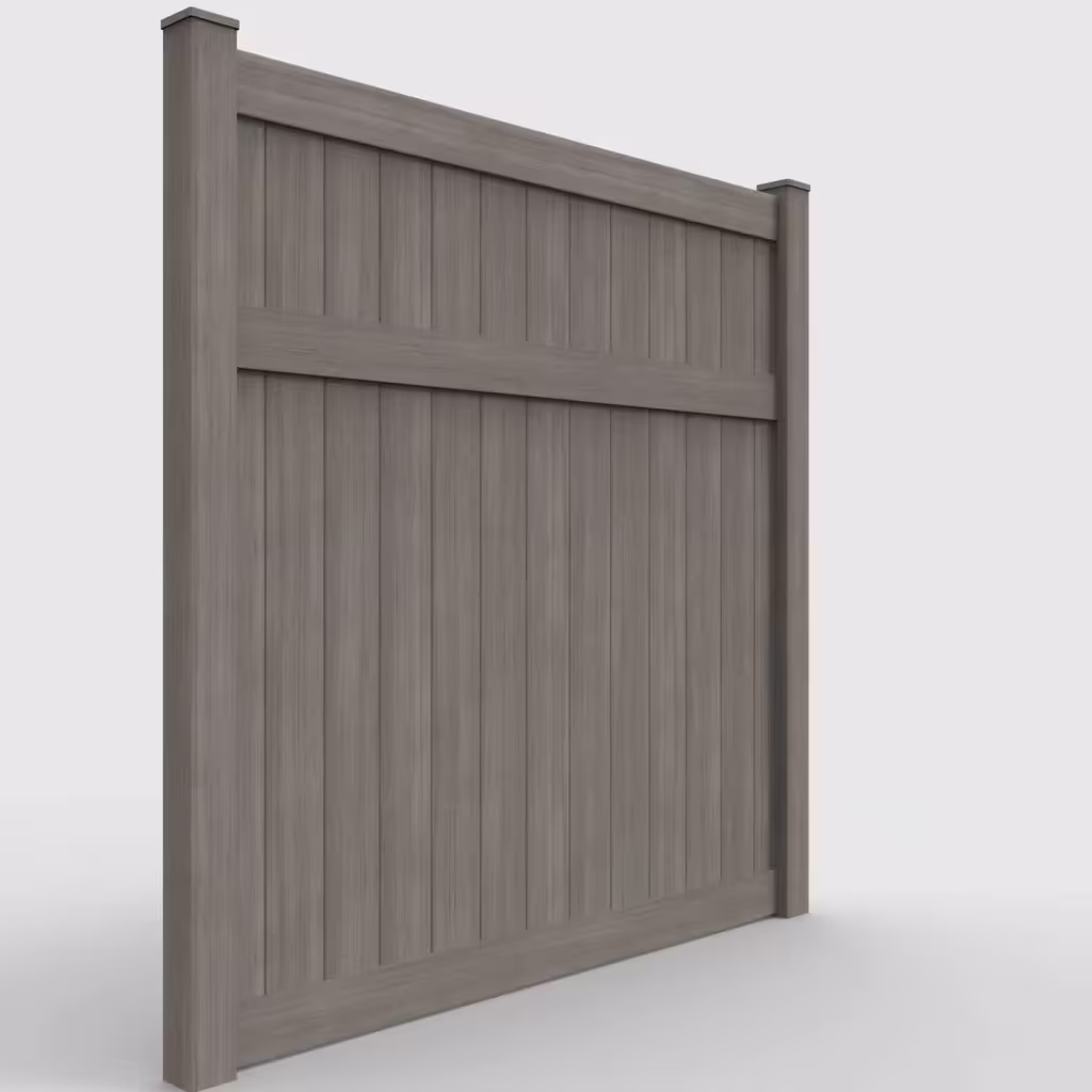 Weathered blend vertical privacy 8 ft fence, right-side view