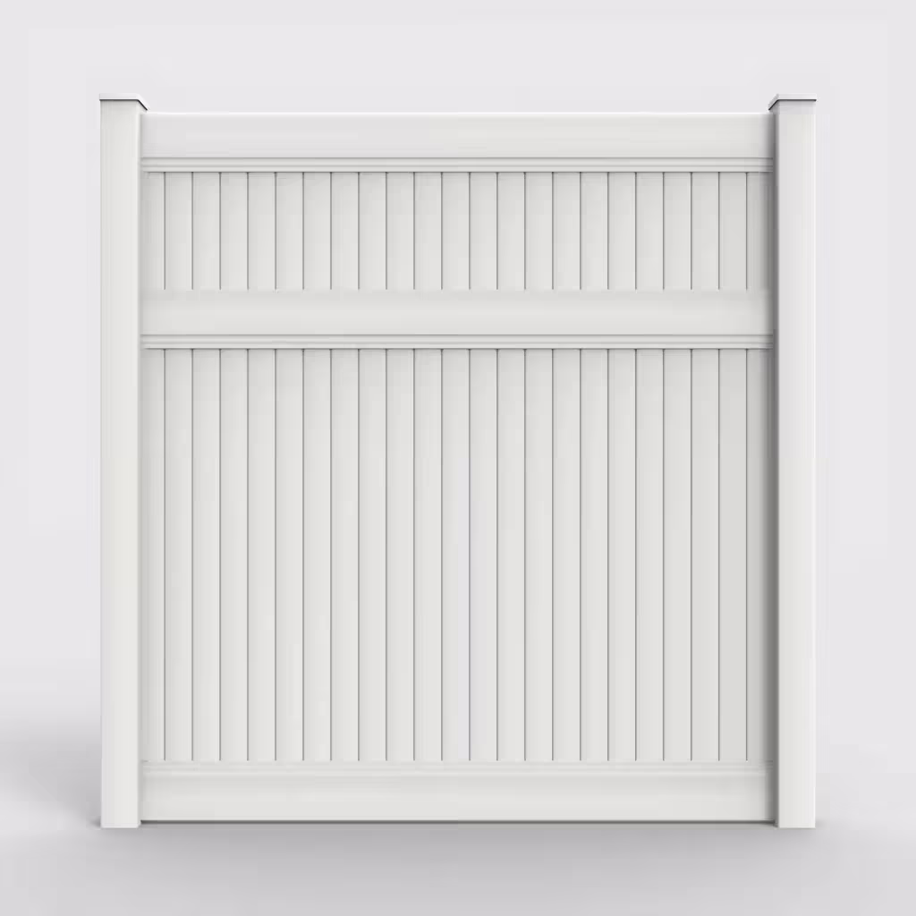 White vertical privacy 8 ft fence, front view