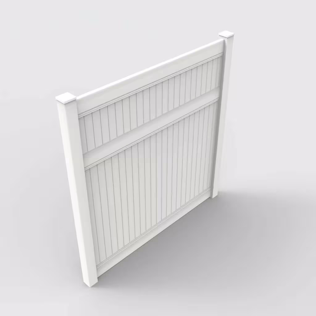 White vertical privacy 8 ft fence, isometric view