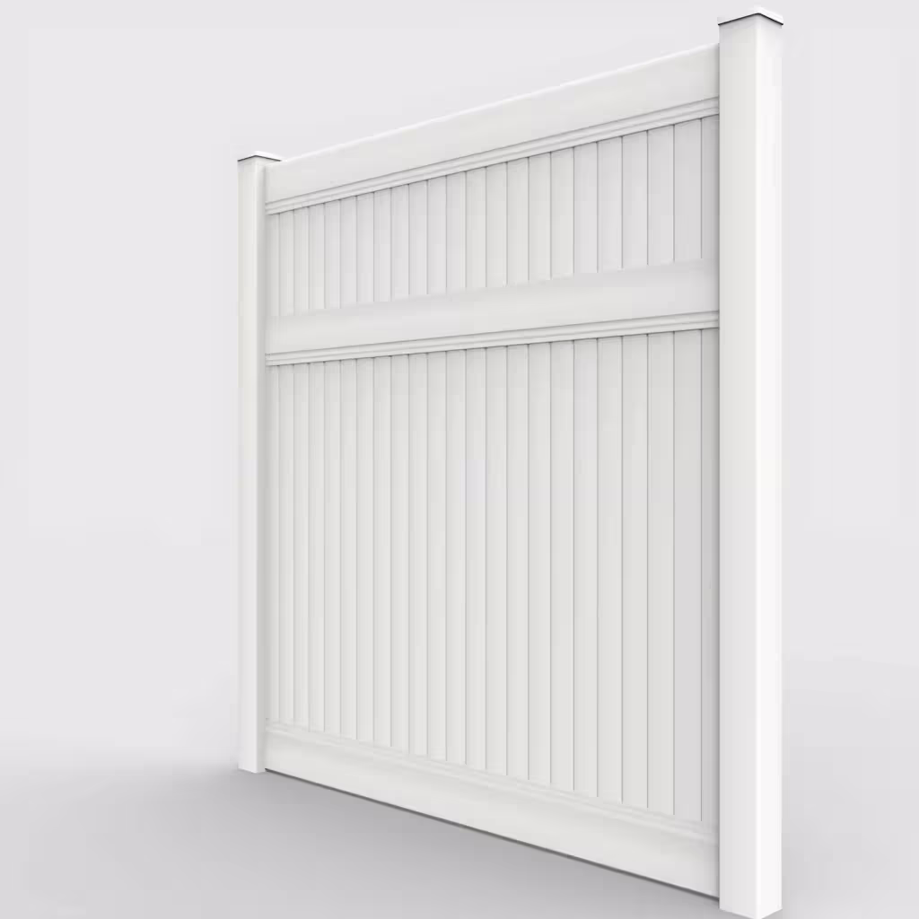 White vertical privacy 8 ft fence, left-side view