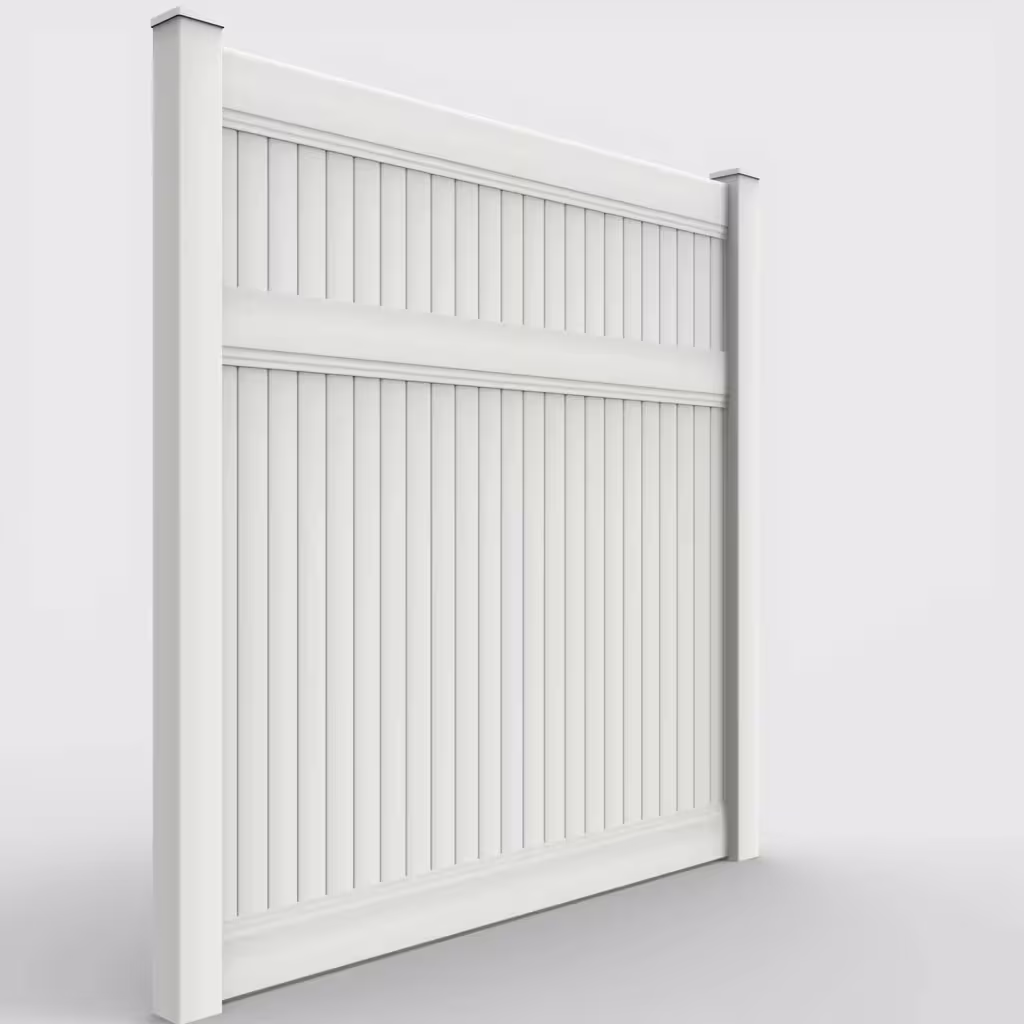 White vertical privacy 8 ft fence, right-side view