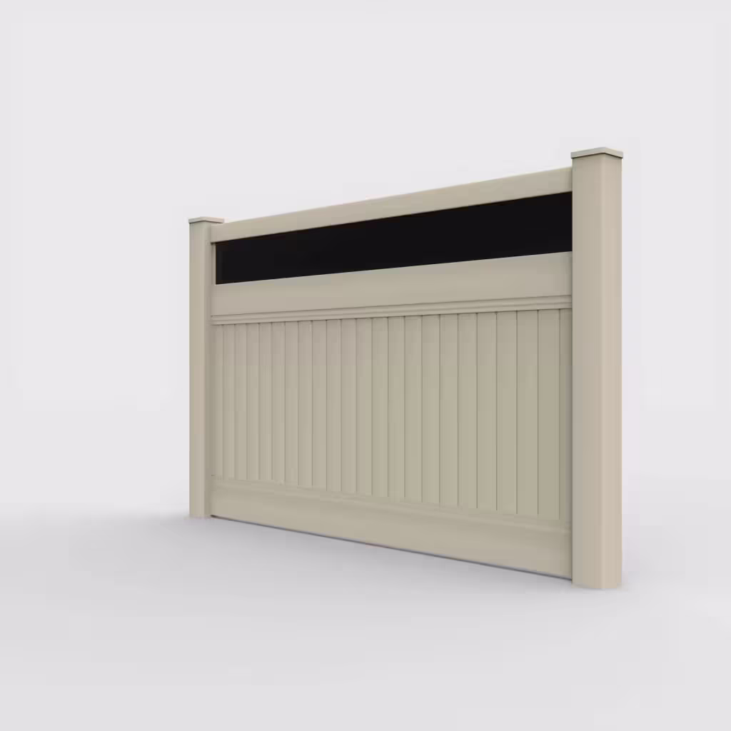Tan vertical privacy with acrylic top 5 ft fence, left-side view