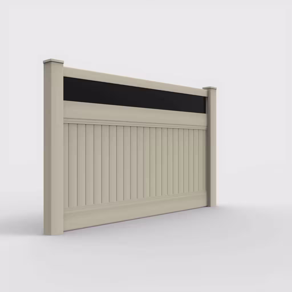 Tan vertical privacy with acrylic top 5 ft fence, right-side view
