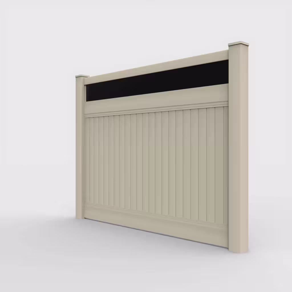 Tan vertical privacy with acrylic top 6 ft fence, left-side view