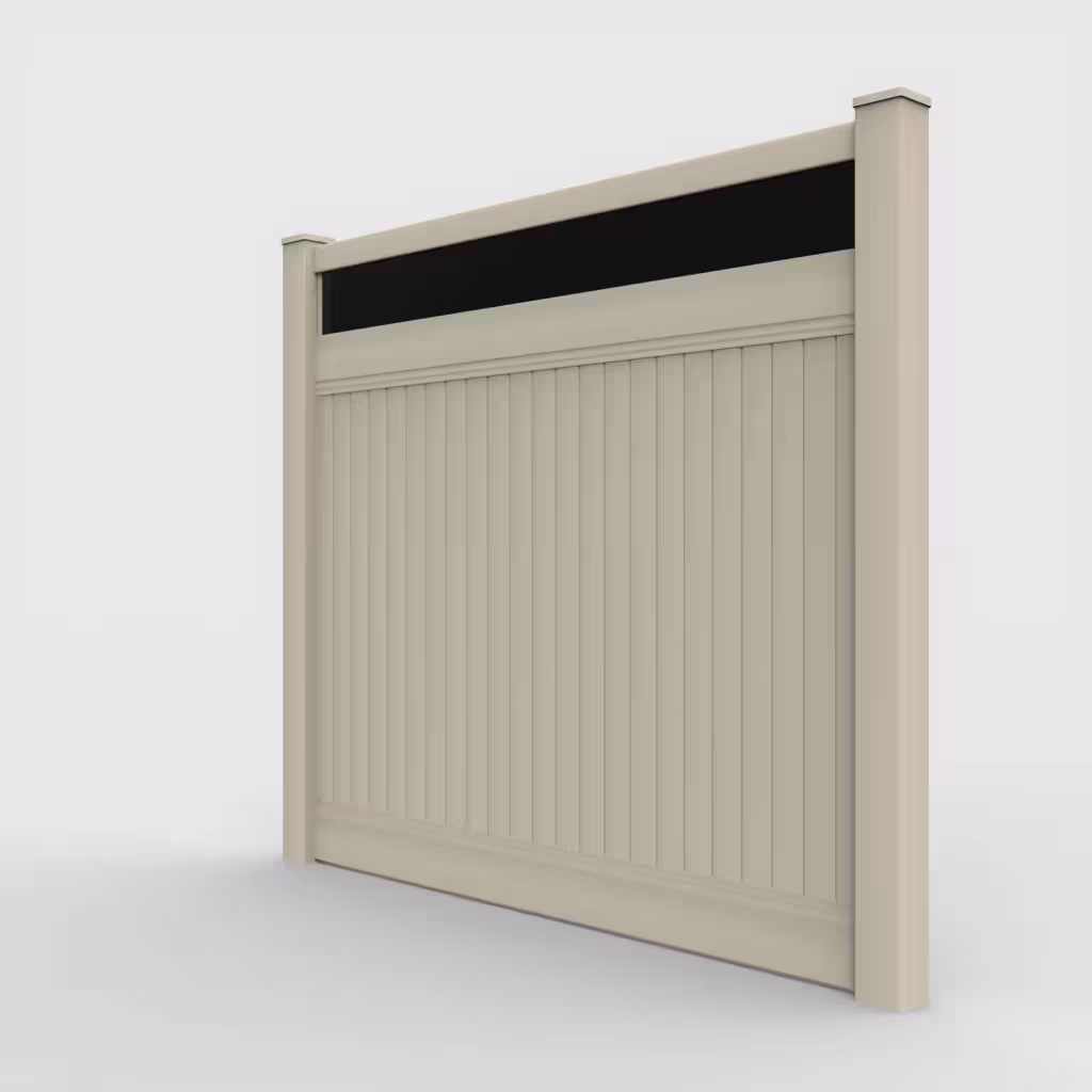 Tan vertical privacy with acrylic top 7 ft fence, left-side view