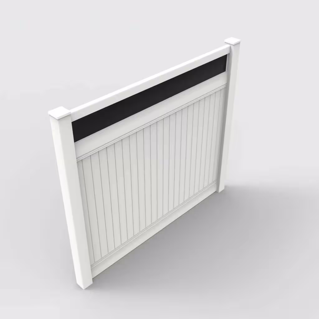 White vertical privacy with acrylic top 7 ft fence, isometric view