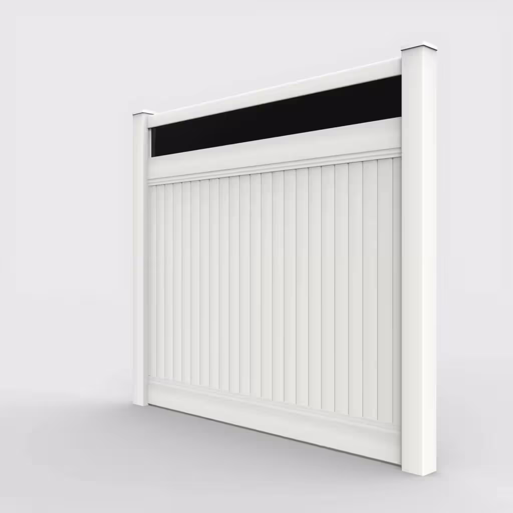White vertical privacy with acrylic top 7 ft fence, left-side view