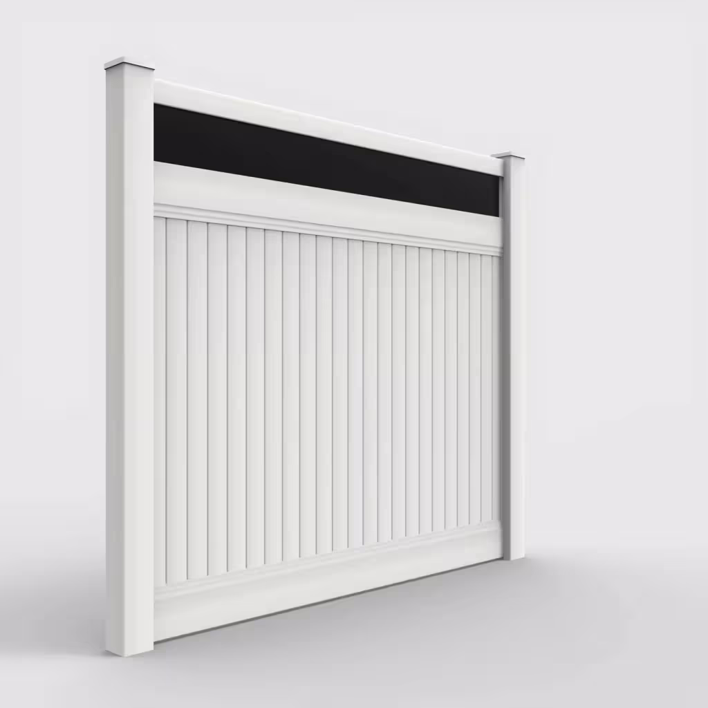 White vertical privacy with acrylic top 7 ft fence, right-side view