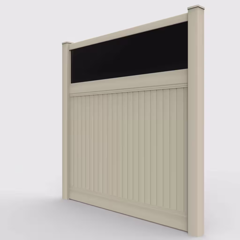 Tan vertical privacy with acrylic top 8 ft fence, left-side view