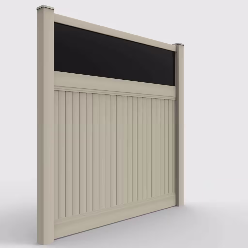 Tan vertical privacy with acrylic top 8 ft fence, right-side view