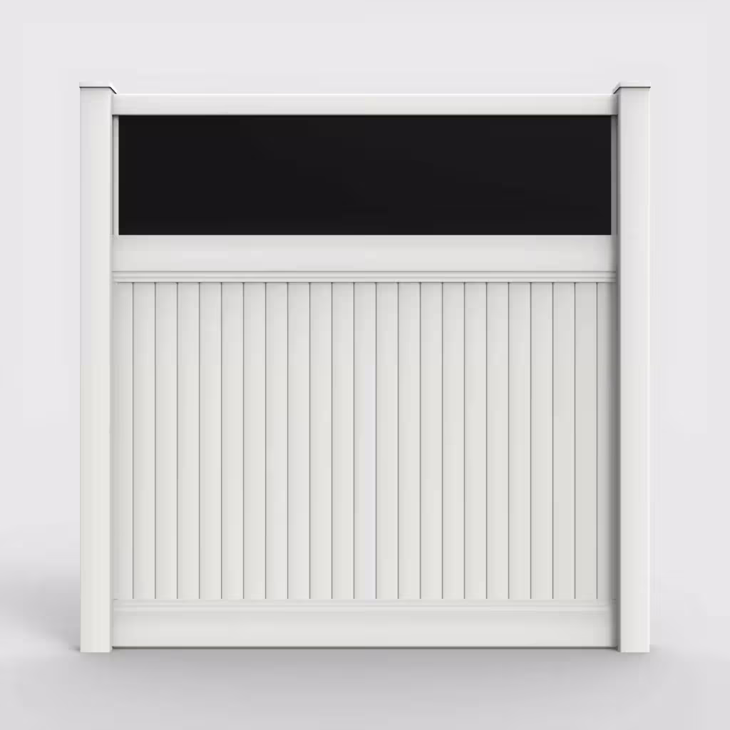 White vertical privacy with acrylic top 8 ft fence, front view