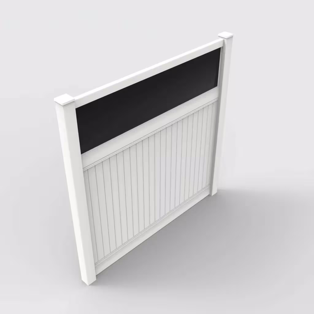 White vertical privacy with acrylic top 8 ft fence, isometric view
