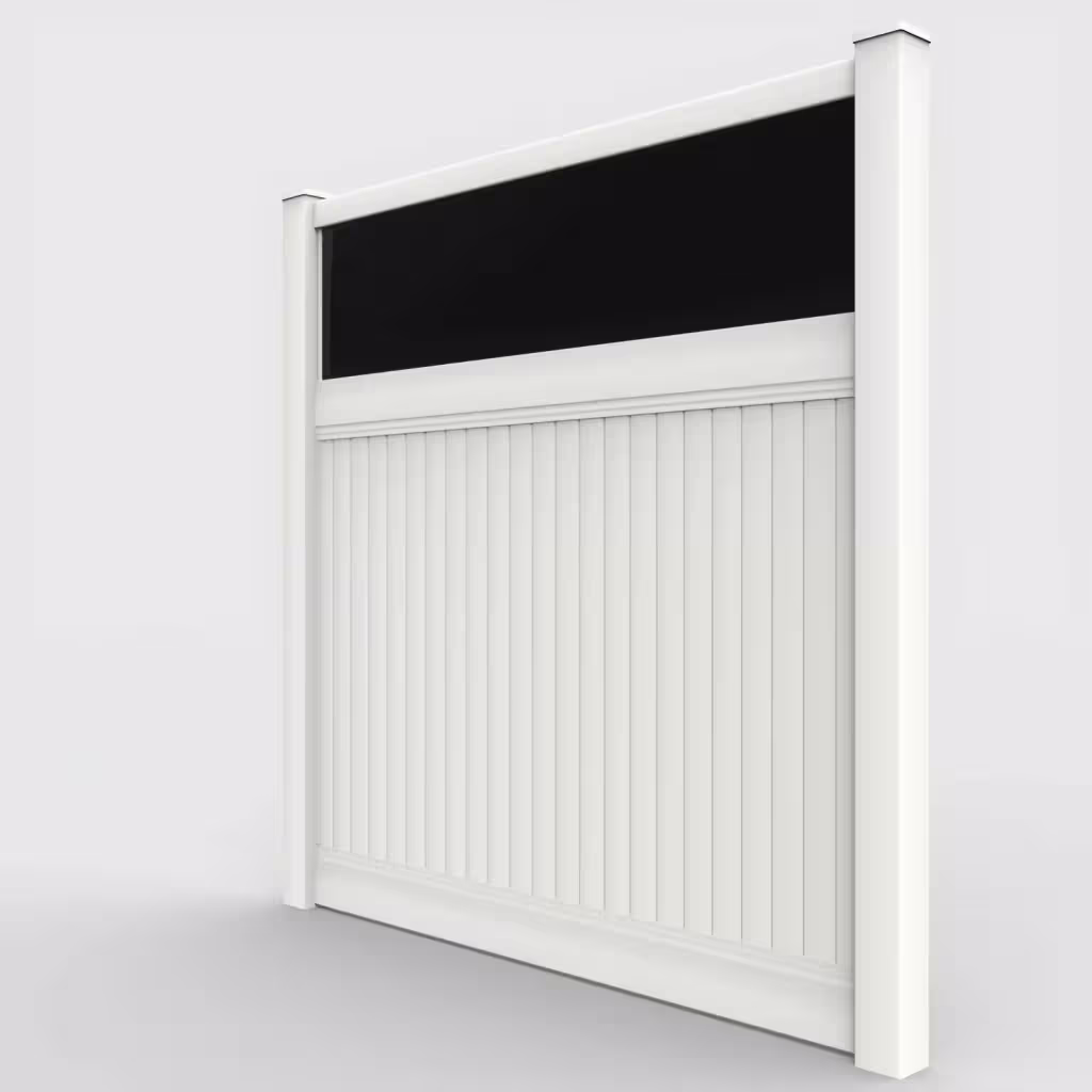 White vertical privacy with acrylic top 8 ft fence, left-side view