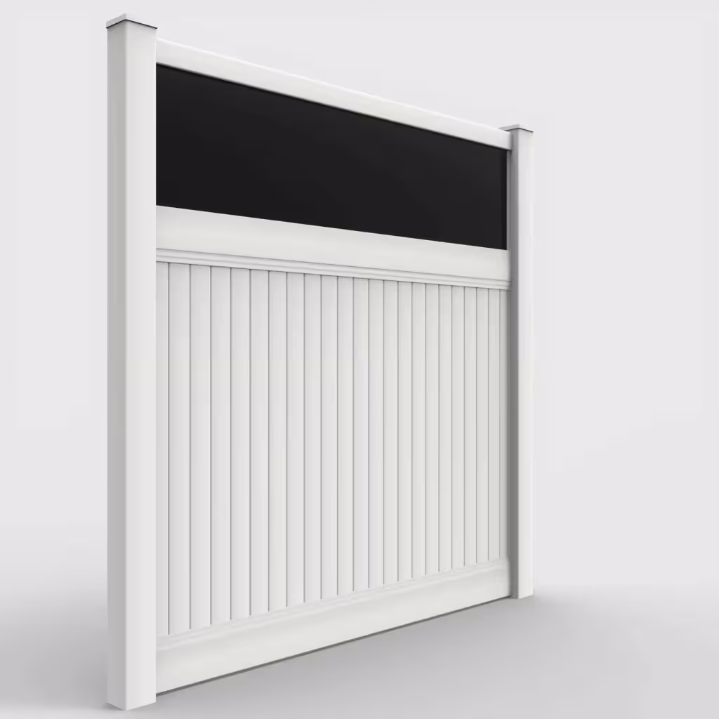 White vertical privacy with acrylic top 8 ft fence, right-side view