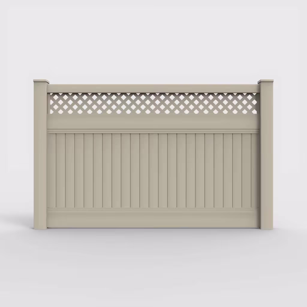 Tan vertical privacy with lattice top 5 ft fence, front view