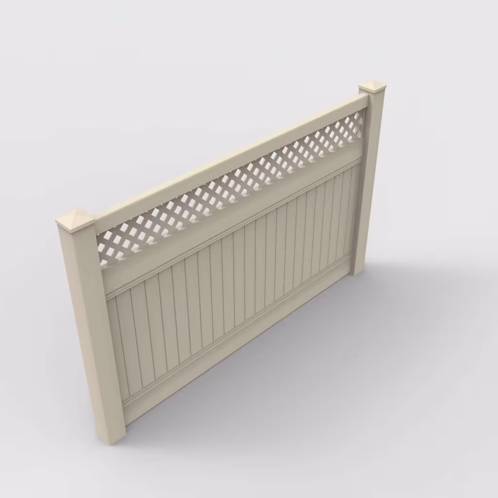 Tan vertical privacy with lattice top 5 ft fence, isometric view