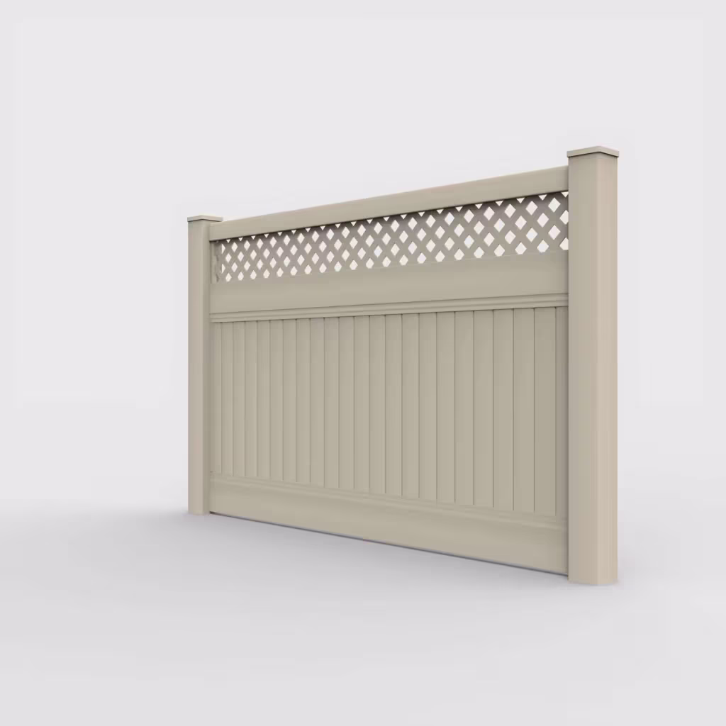 Tan vertical privacy with lattice top 5 ft fence, left-side view