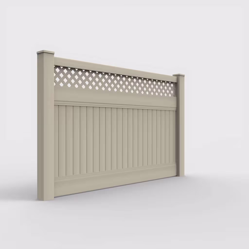 Tan vertical privacy with lattice top 5 ft fence, right-side view