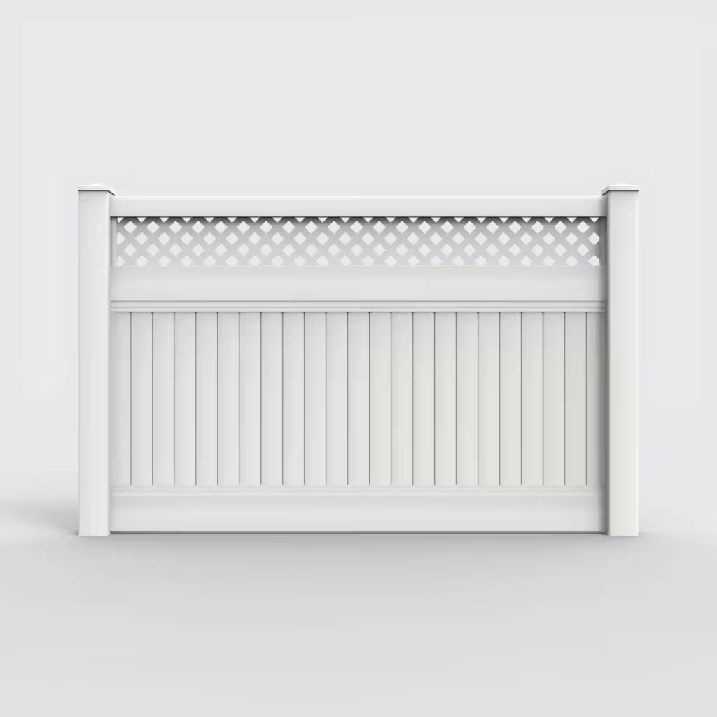 White vertical privacy with lattice top 5 ft fence, front view