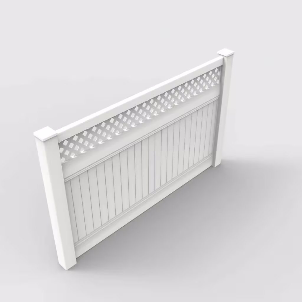 White vertical privacy with lattice top 5 ft fence, isometric view