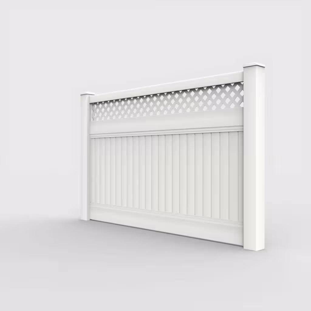 White vertical privacy with lattice top 5 ft fence, left-side view