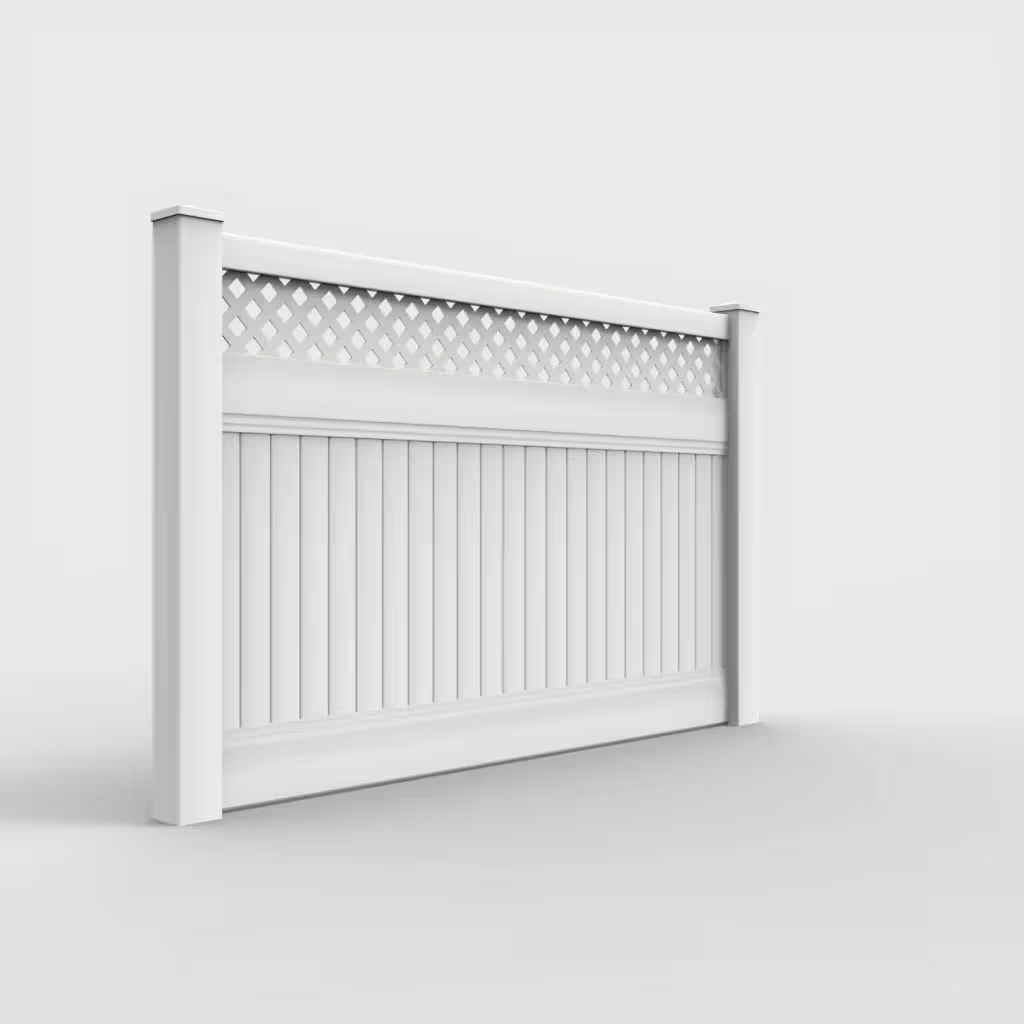 White vertical privacy with lattice top 5 ft fence, right-side view