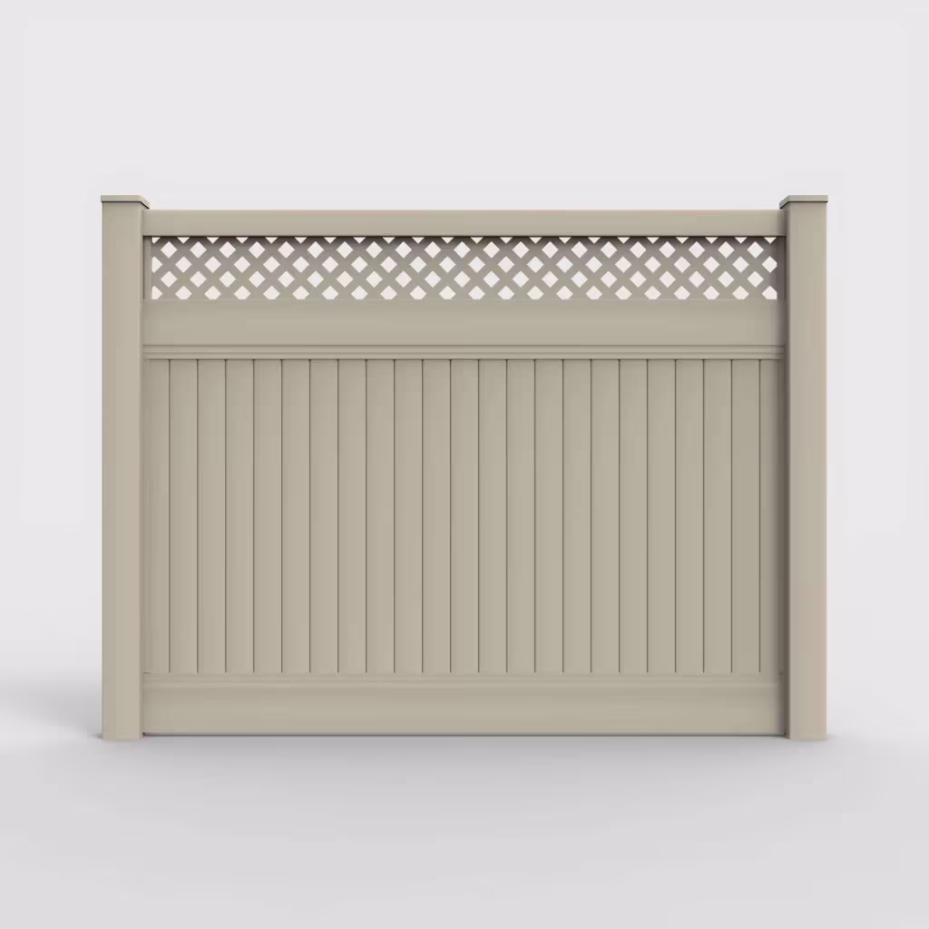 Tan vertical privacy with lattice top 6 ft fence, front view