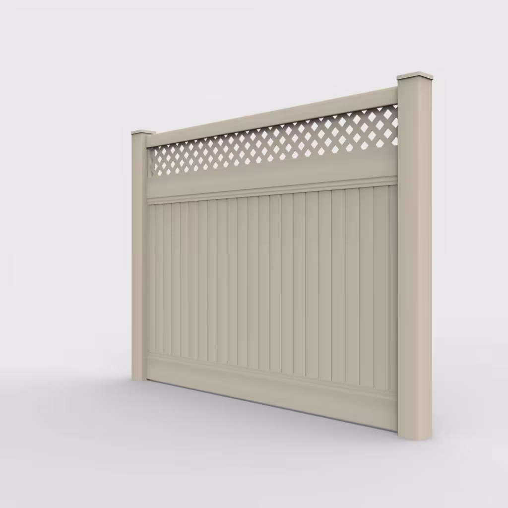 Tan vertical privacy with lattice top 6 ft fence, left-side view