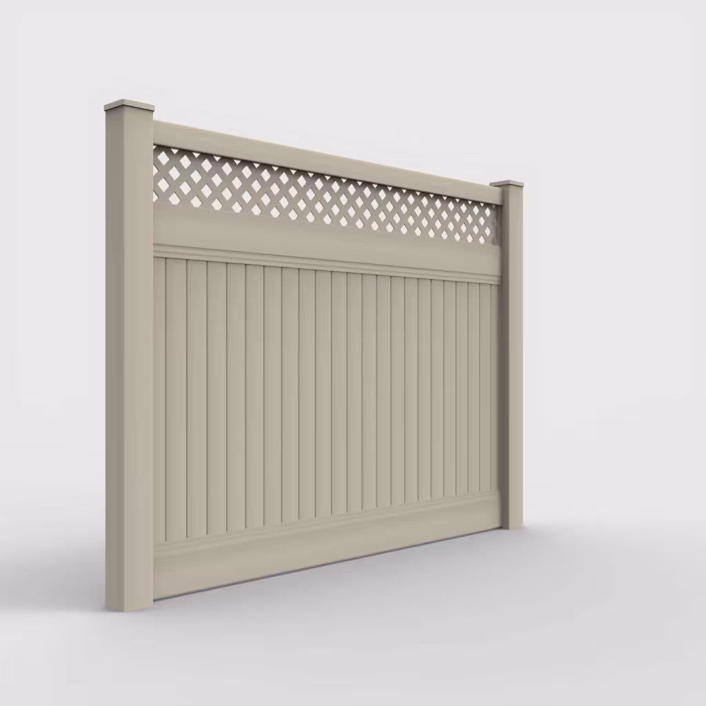 Tan vertical privacy with lattice top 6 ft fence, right-side view