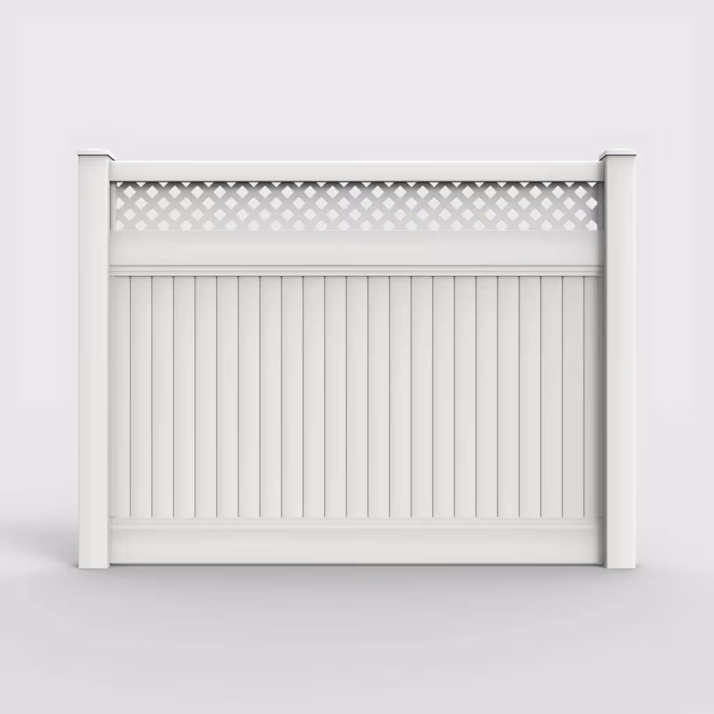 White vertical privacy with lattice top 6 ft fence, front view