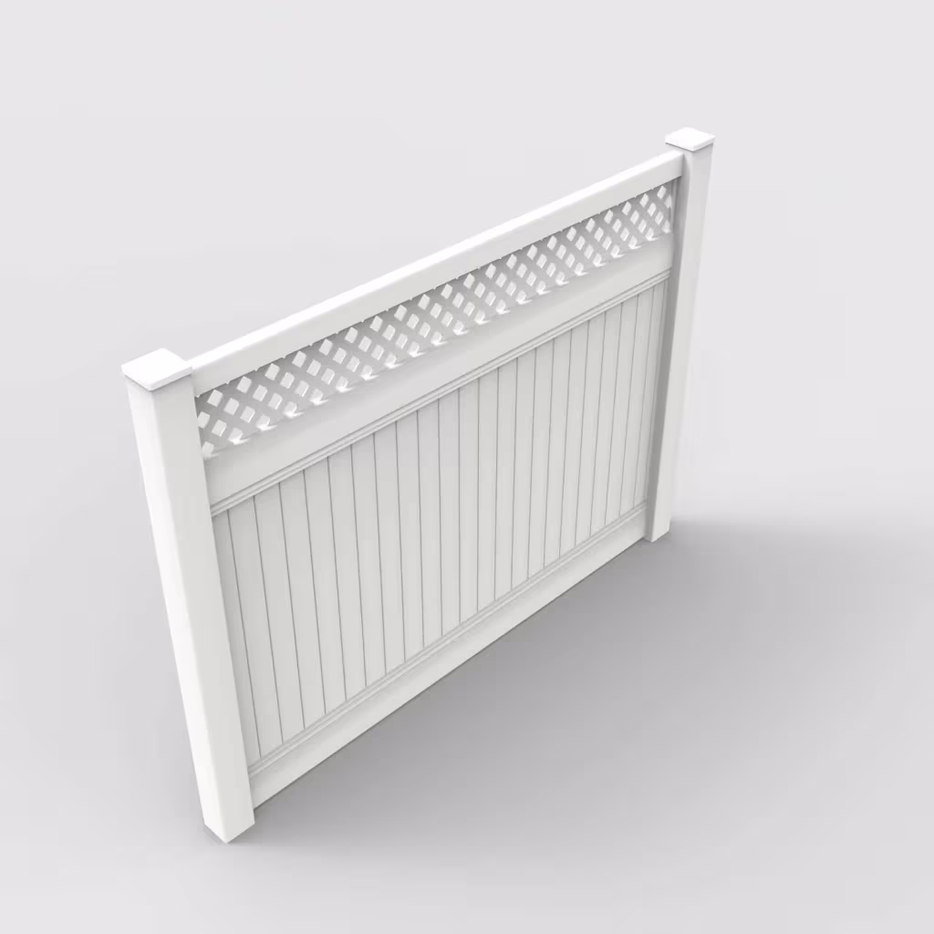White vertical privacy with lattice top 6 ft fence, isometric view