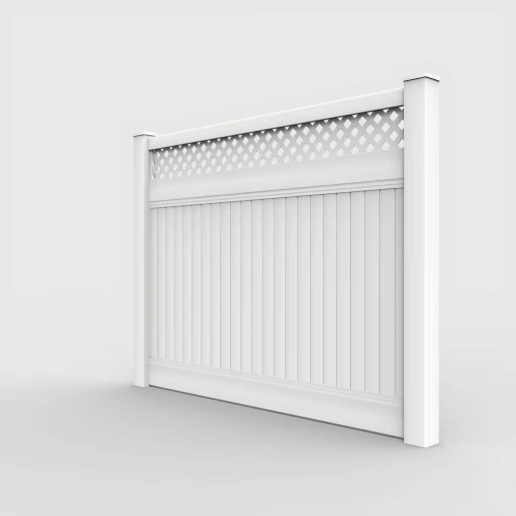 White vertical privacy with lattice top 6 ft fence, left-side view