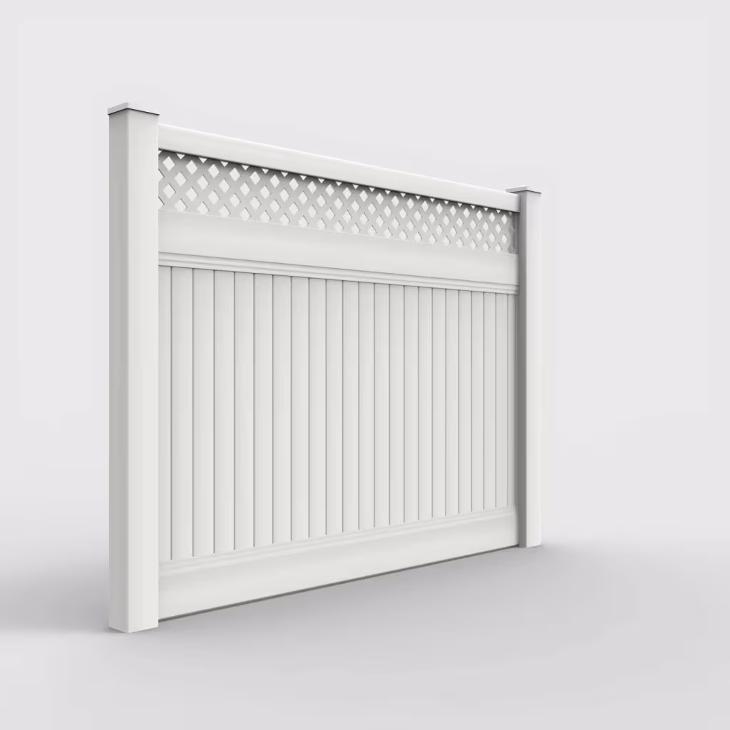 White vertical privacy with lattice top 6 ft fence, right-side view