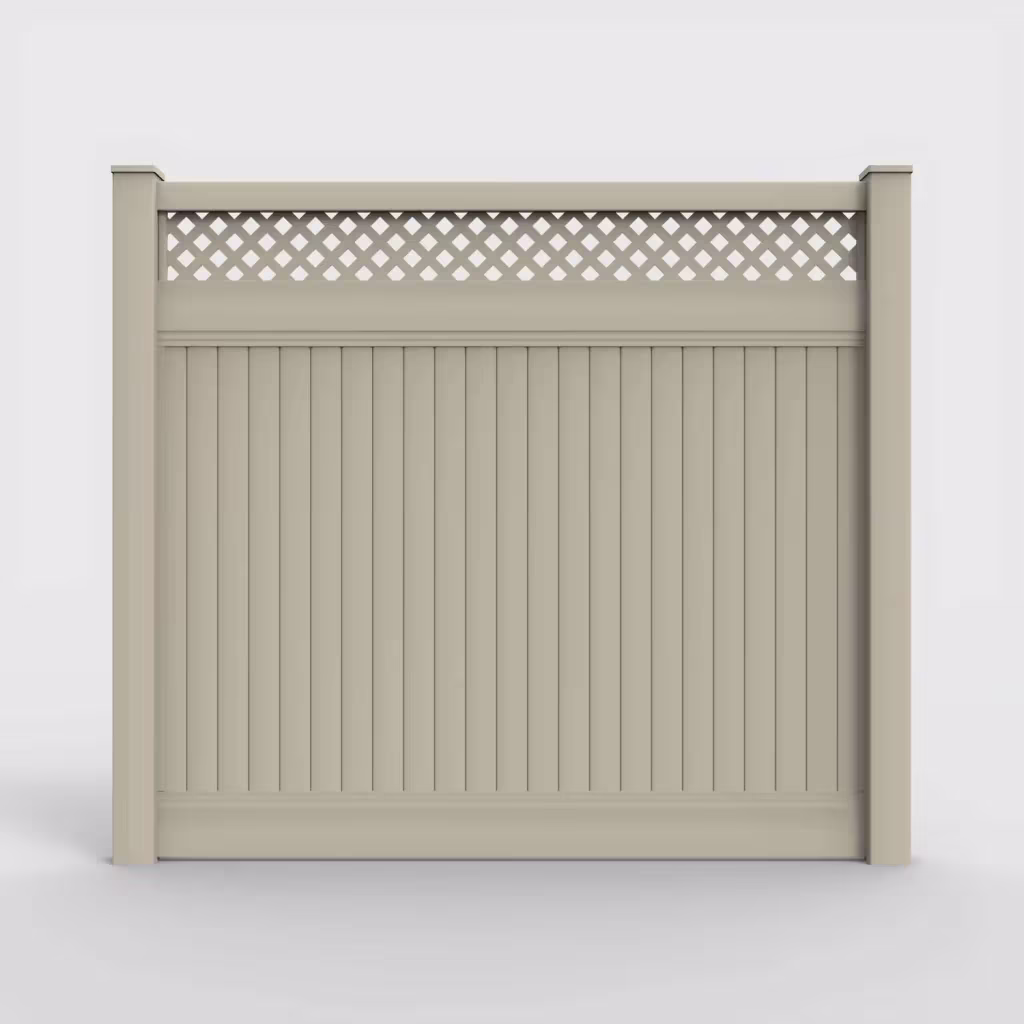 Tan vertical privacy with lattice top 7 ft fence, front view
