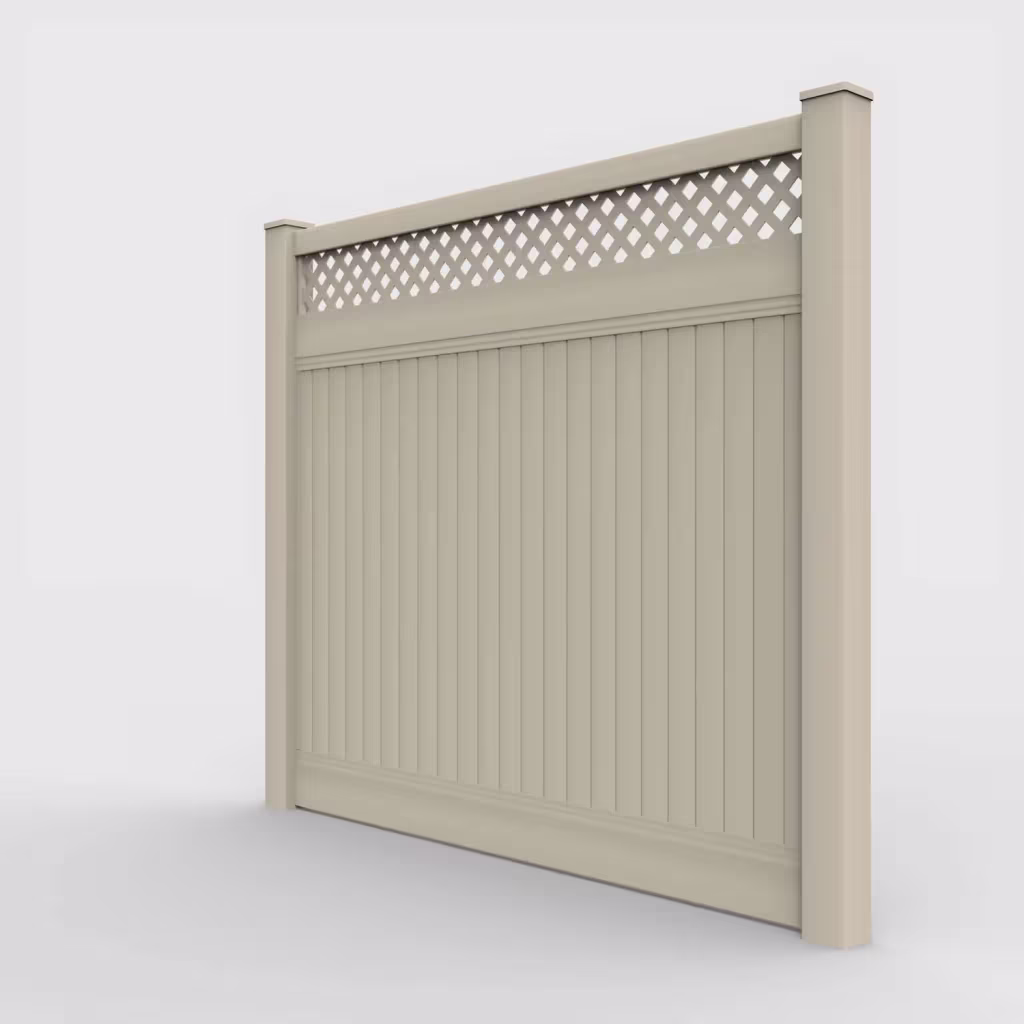 Tan vertical privacy with lattice top 7 ft fence, left-side view