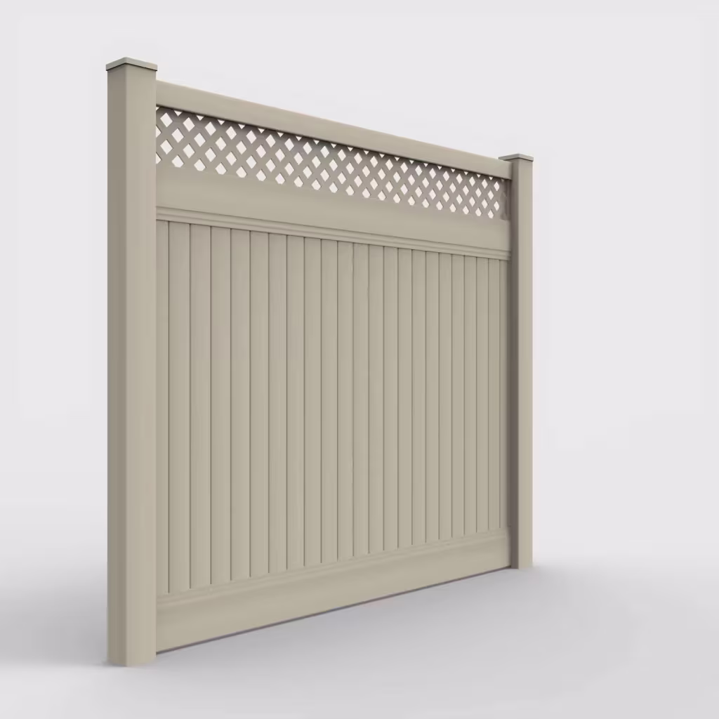 Tan vertical privacy with lattice top 7 ft fence, right-side view