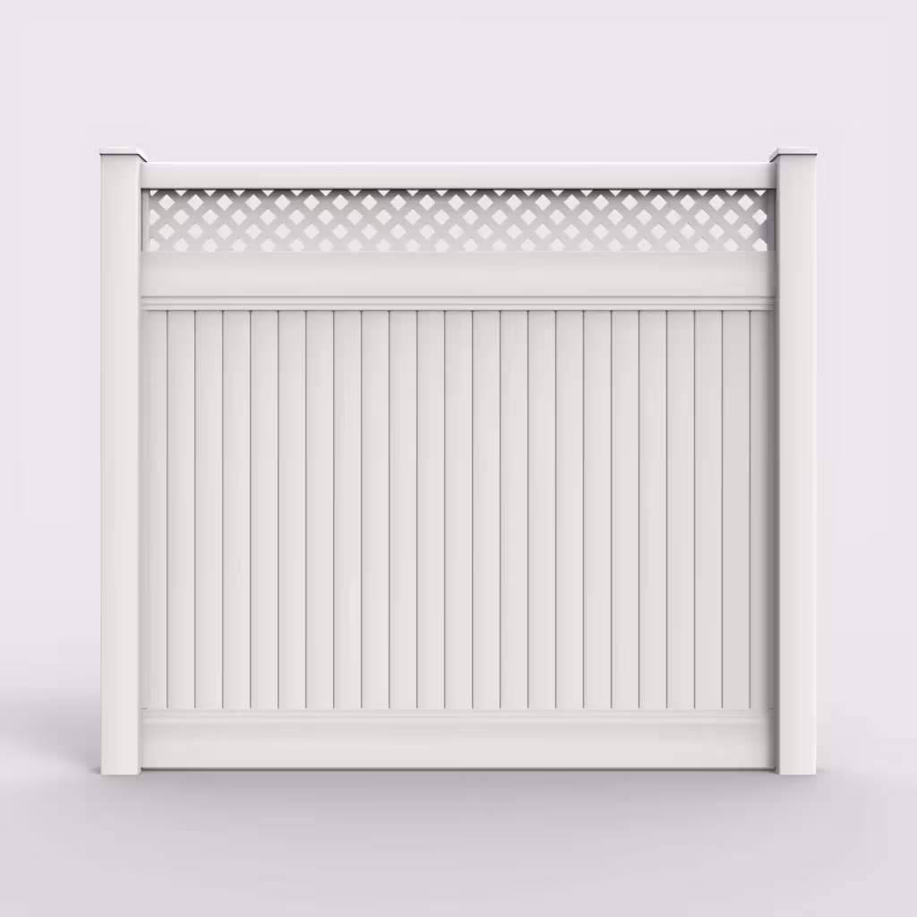 White vertical privacy with lattice top 7 ft fence, front view