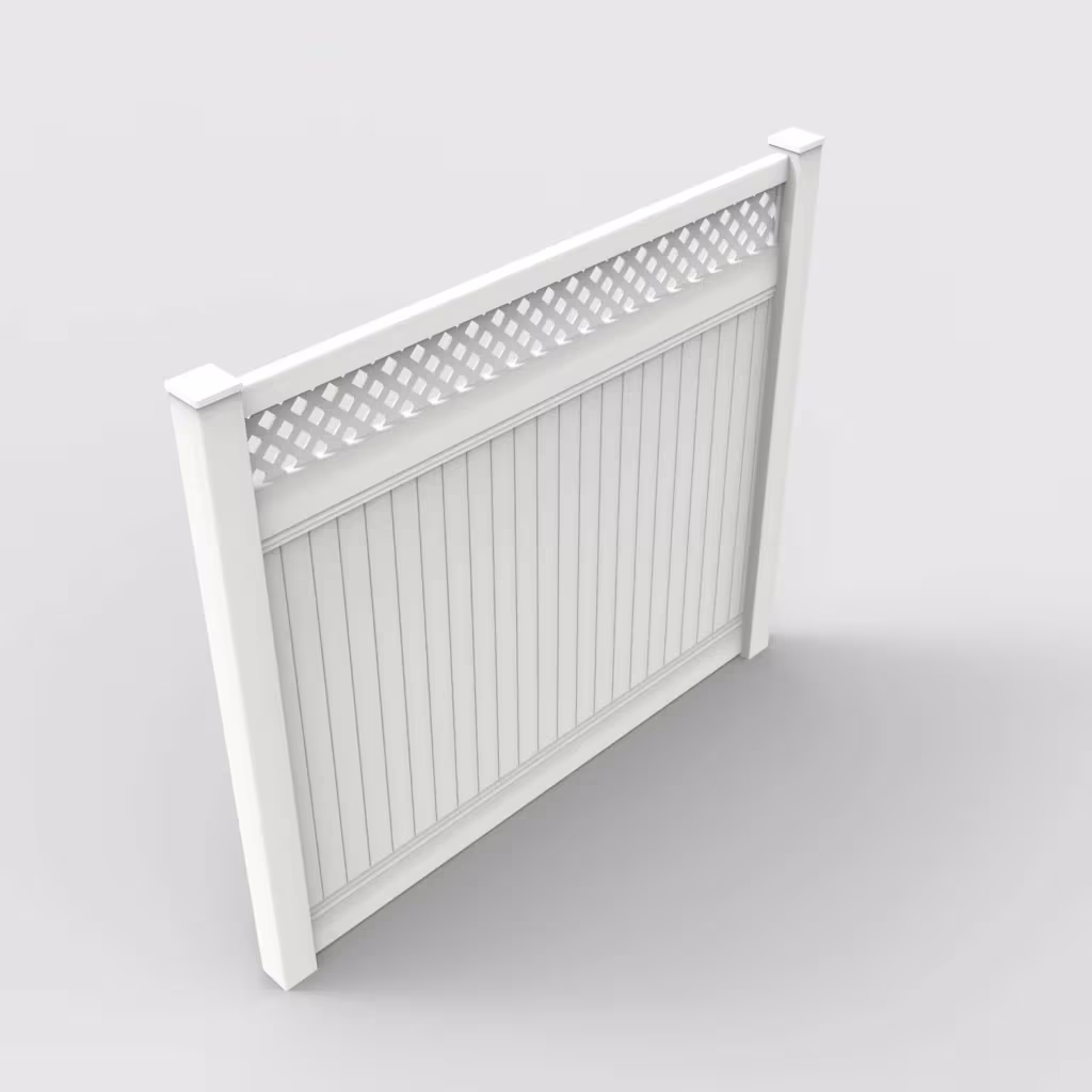 White vertical privacy with lattice top 7 ft fence, isometric view