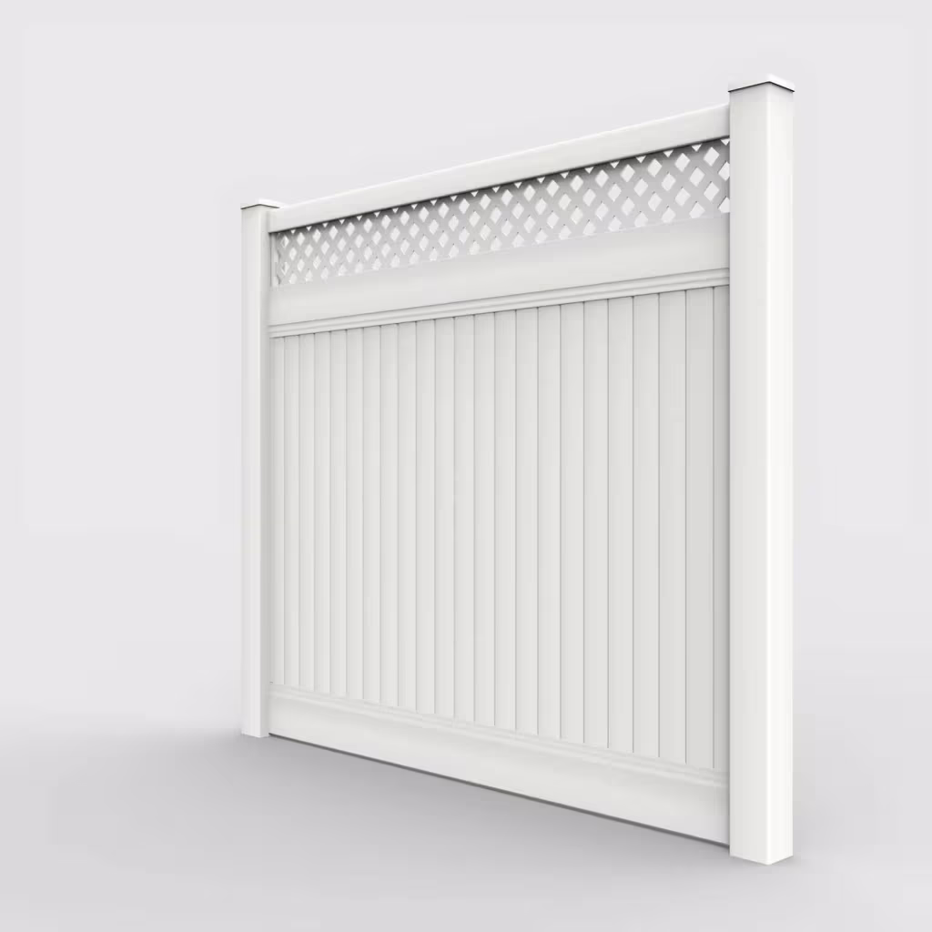 White vertical privacy with lattice top 7 ft fence, left-side view