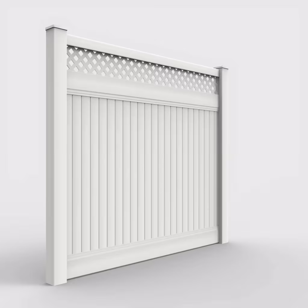 White vertical privacy with lattice top 7 ft fence, right-side view