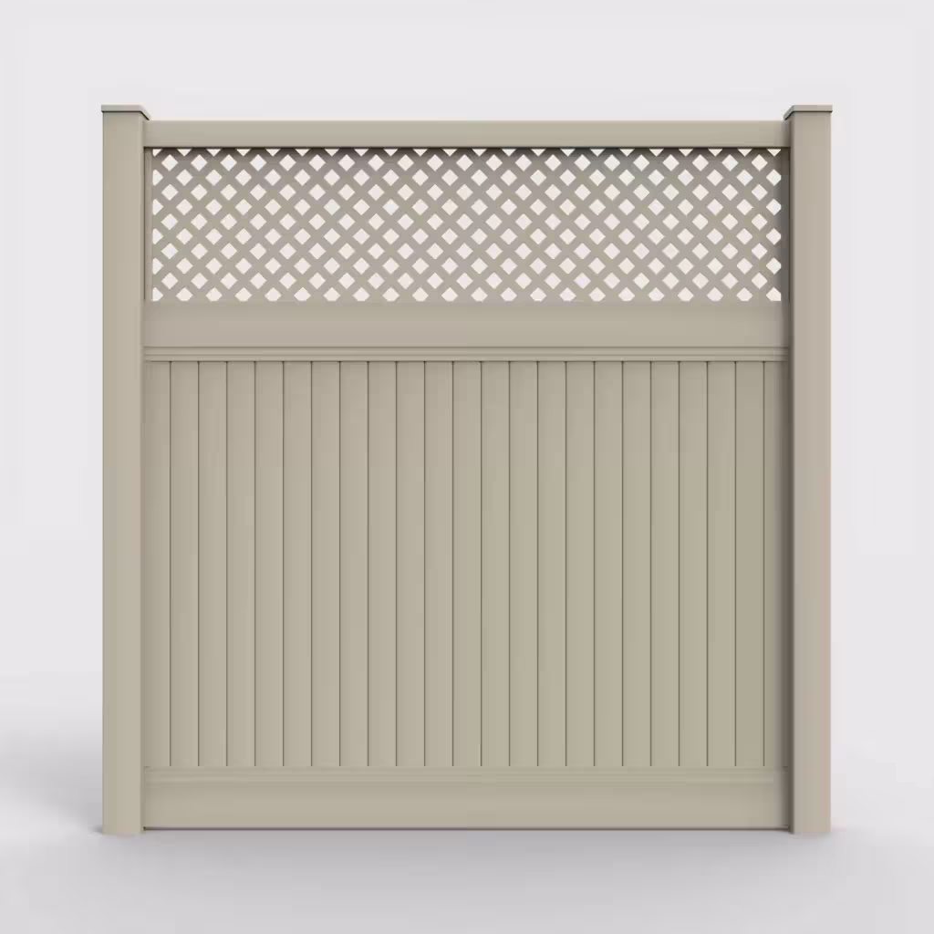 Tan vertical privacy with lattice top 8 ft fence, front view