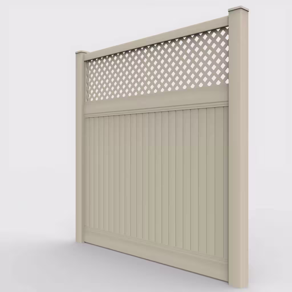 Tan vertical privacy with lattice top 8 ft fence, left-side view