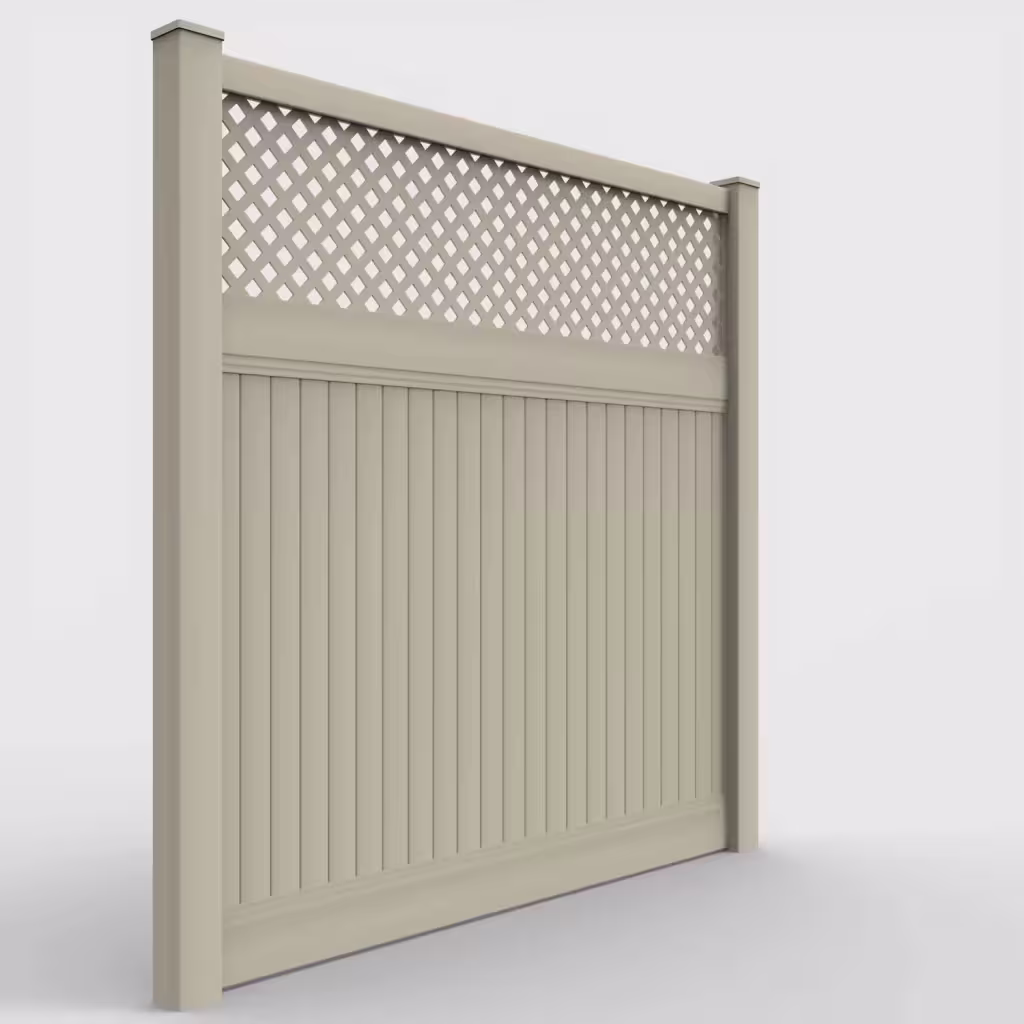 Tan vertical privacy with lattice top 8 ft fence, right-side view
